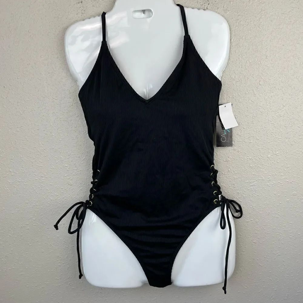 NWT California Waves Black One Piece Swim Suit Size M